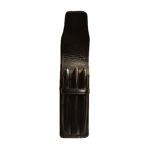 Aston Leather Black Soft Flap Pen Pouch (Triple)