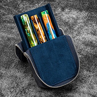 Galen Leather Magnum Opus Zippered 3 Slots Crazy Horse Navy Hard Pen Case