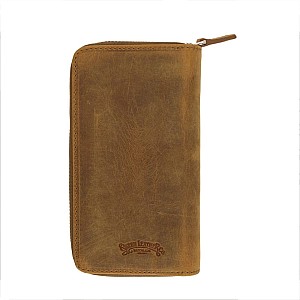 Galen Leather Crazy Horse Brown Zippered Pen Pouch (Triple)