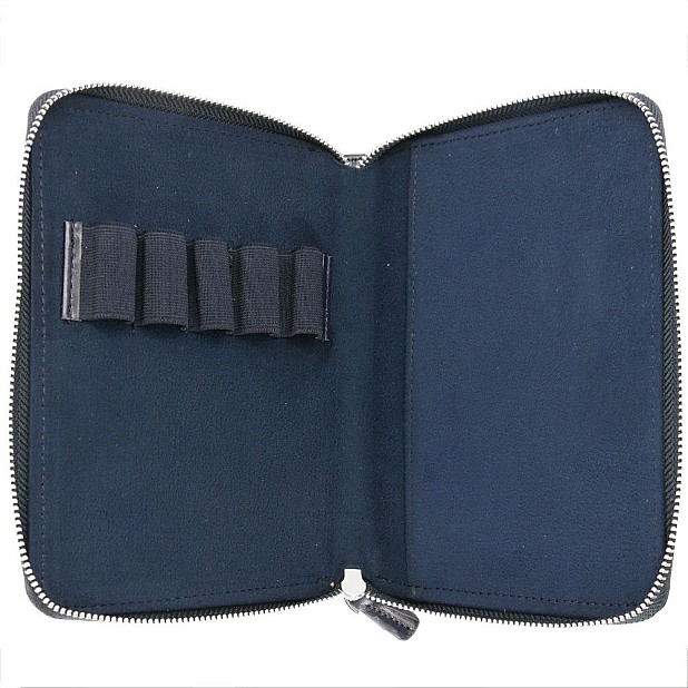 Galen Leather Navy Blue Zippered Pen Pouch (Fivefold)