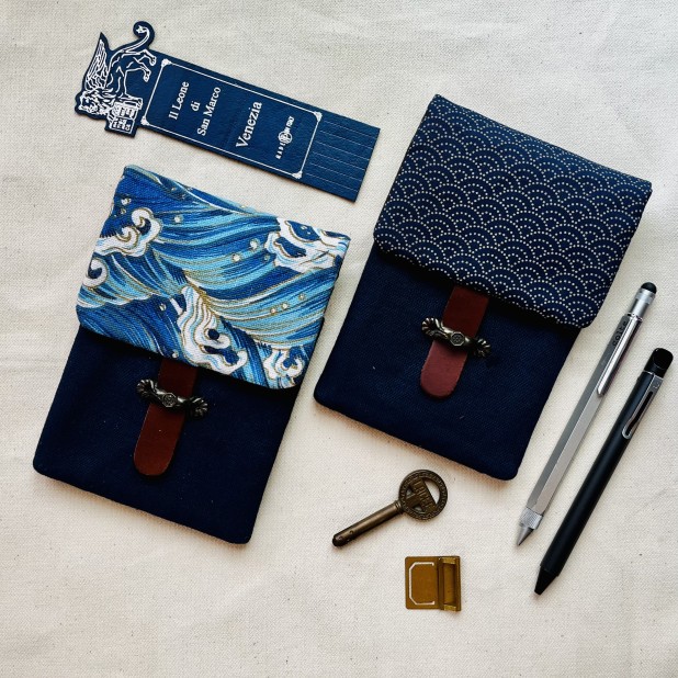 Kyoku Haku Seigaiha Dark Blue Cotton Flap Pen Pouch (Fourfold)