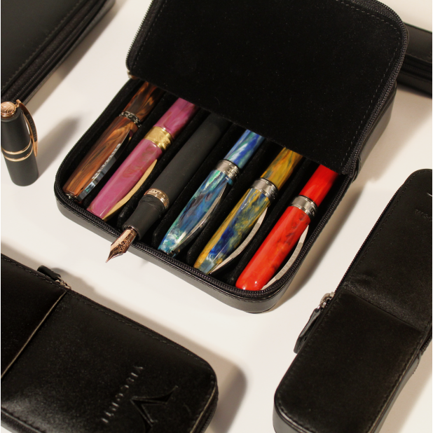 Visconti Leather Black Pen Pouch Double