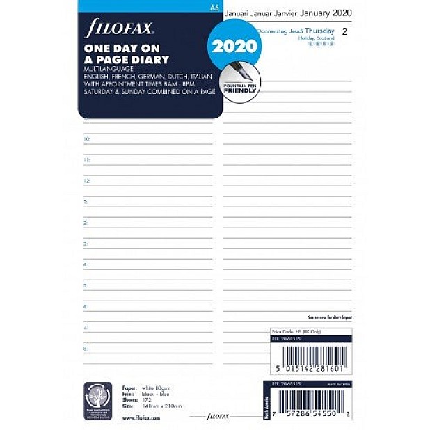 Filofax Refill 2027 A5 Weiß - Tag auf 1 Seite