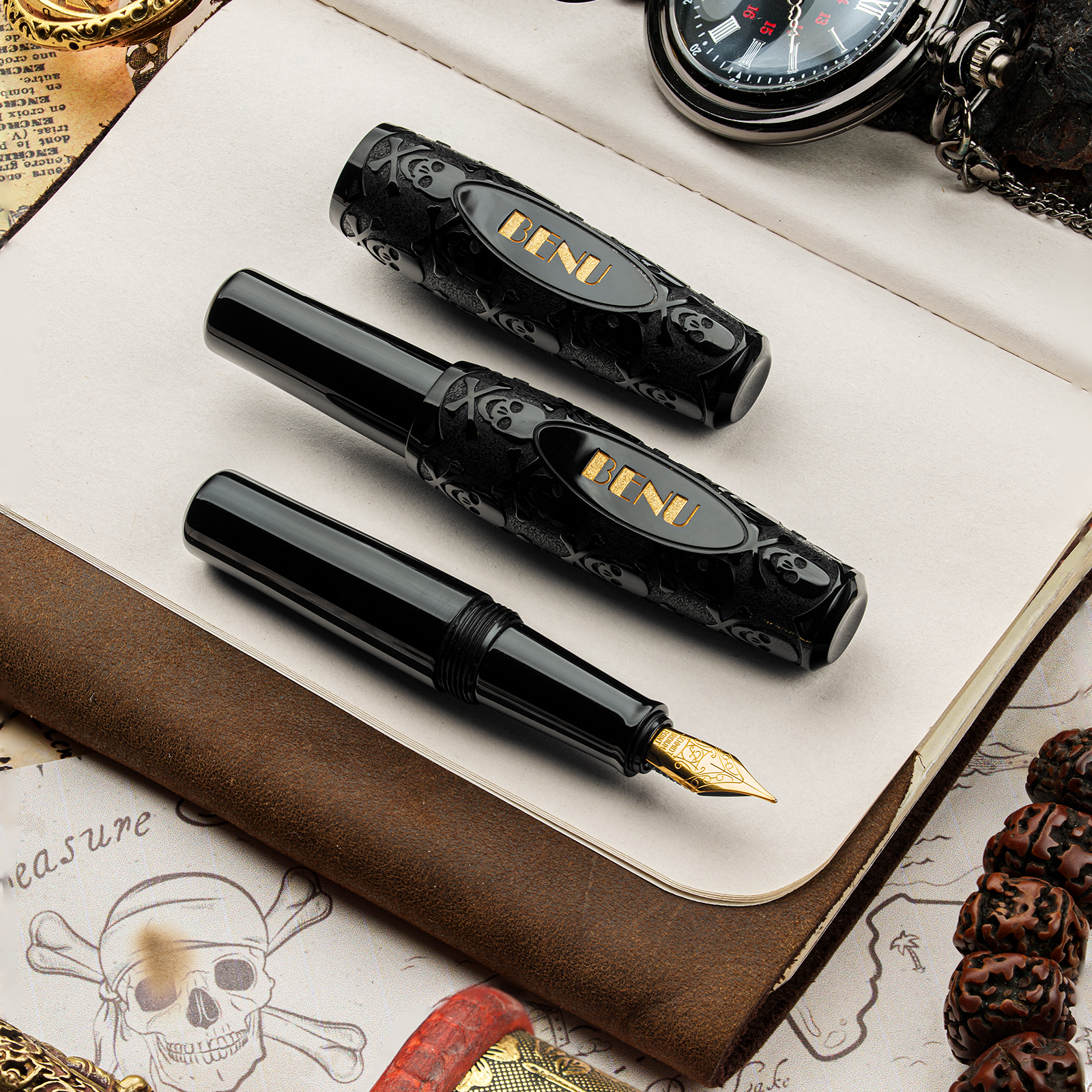 Benu Pixie Jolly Roger Black GT Pocket Fountain pen