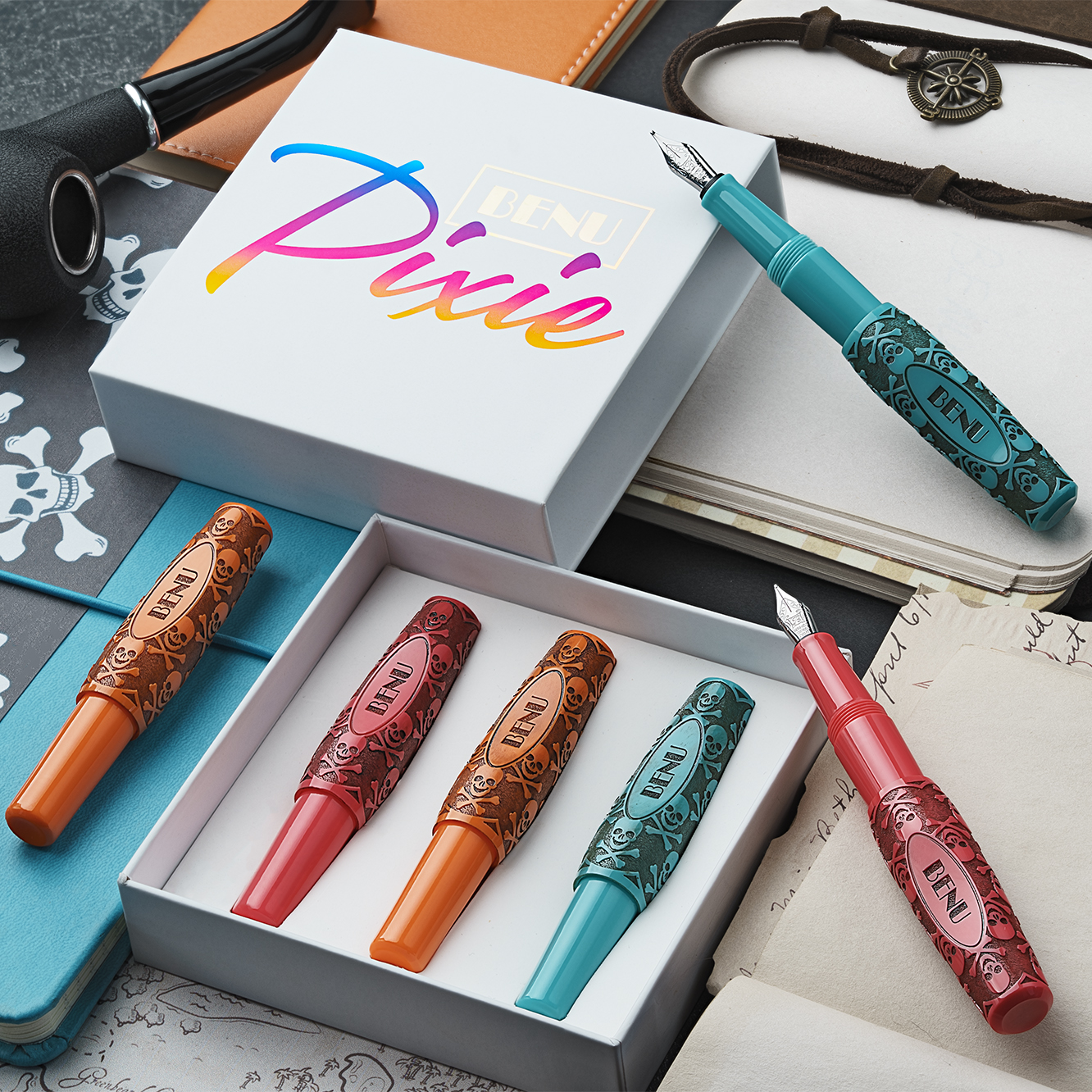 Benu Pixie Jolly Roger Vintage ST Pocket Fountain pen Set