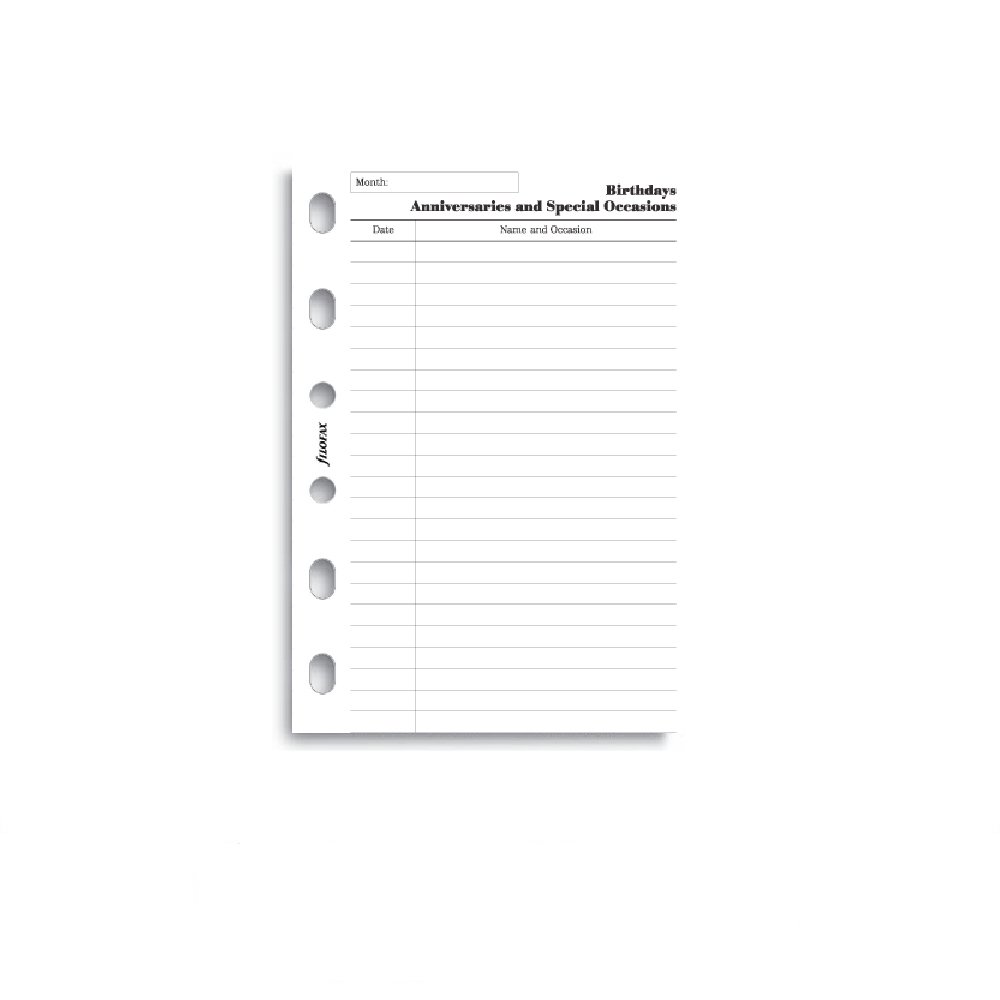 Filofax Refill Pocket White Birthdays & Anniversaries Notepaper