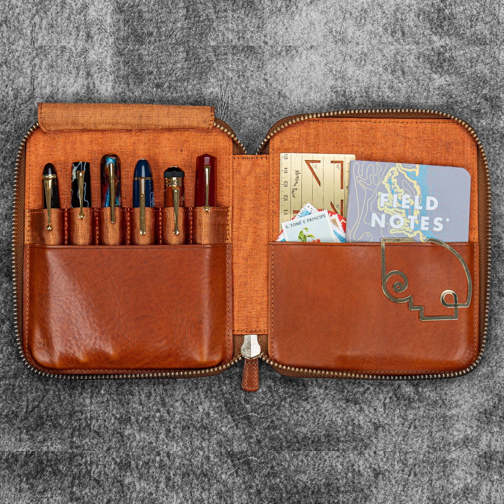 Galen Leather Legacy Zippered 6 Slots Deep Cognac Pen Case
