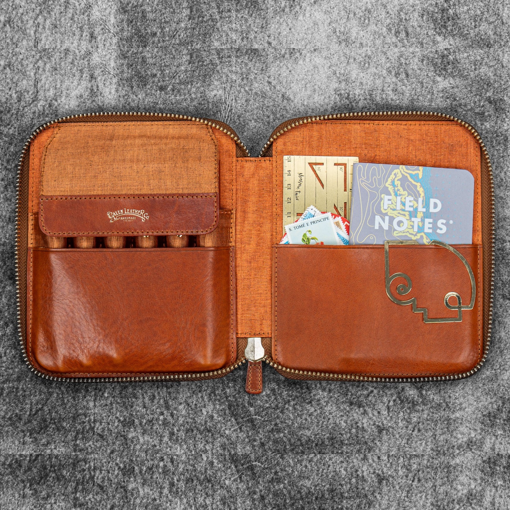 Galen Leather Legacy Zippered 6 Slots Deep Cognac Pen Case