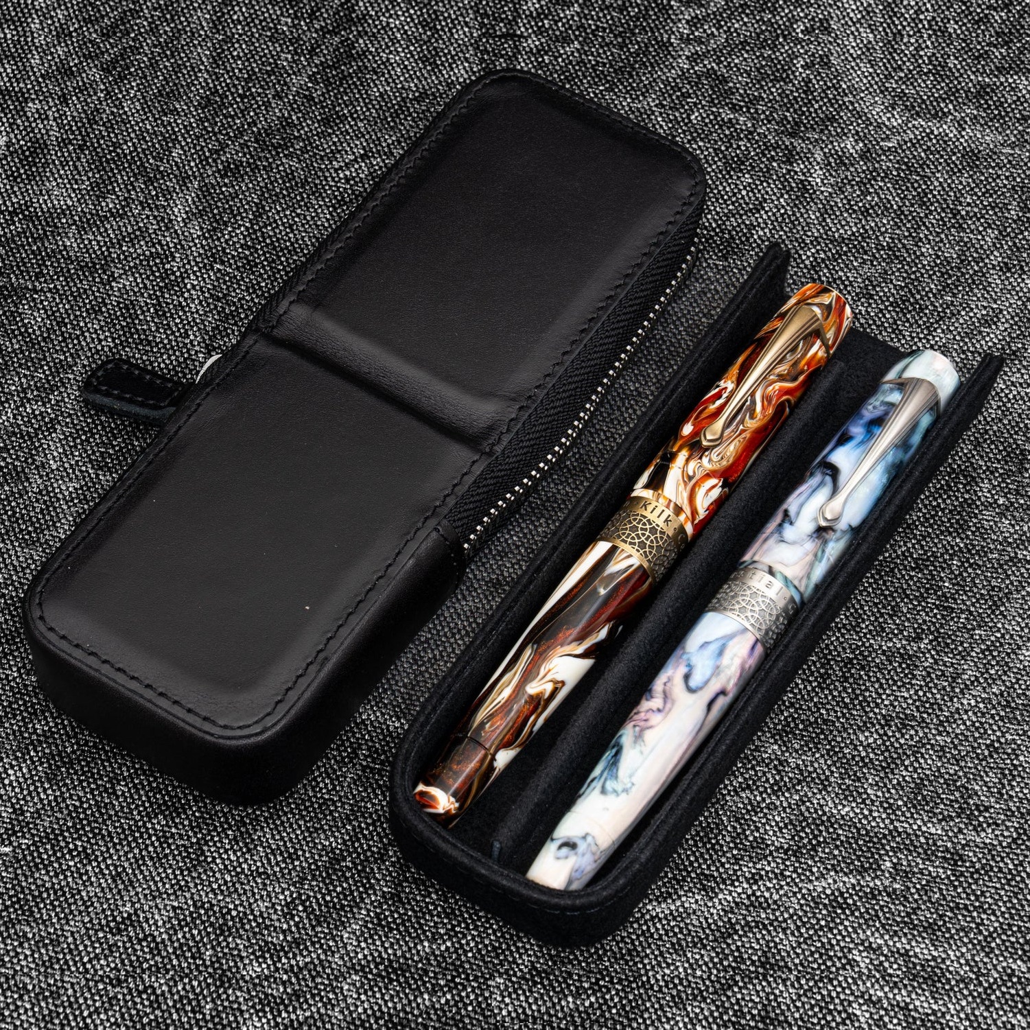 Galen Leather Magnum Opus Zippered 2 Slots Black Hard Pen Case