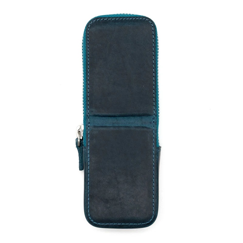 Galen Leather Magnum Opus Zippered 2 Slots Crazy Horse Ocean Blue Hard Pen Case