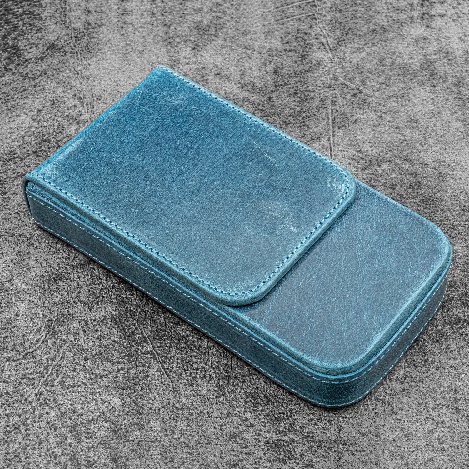 Galen Leather Magnum Opus 3 Slots Crazy Horse Ocean Blue Hard Pen Case