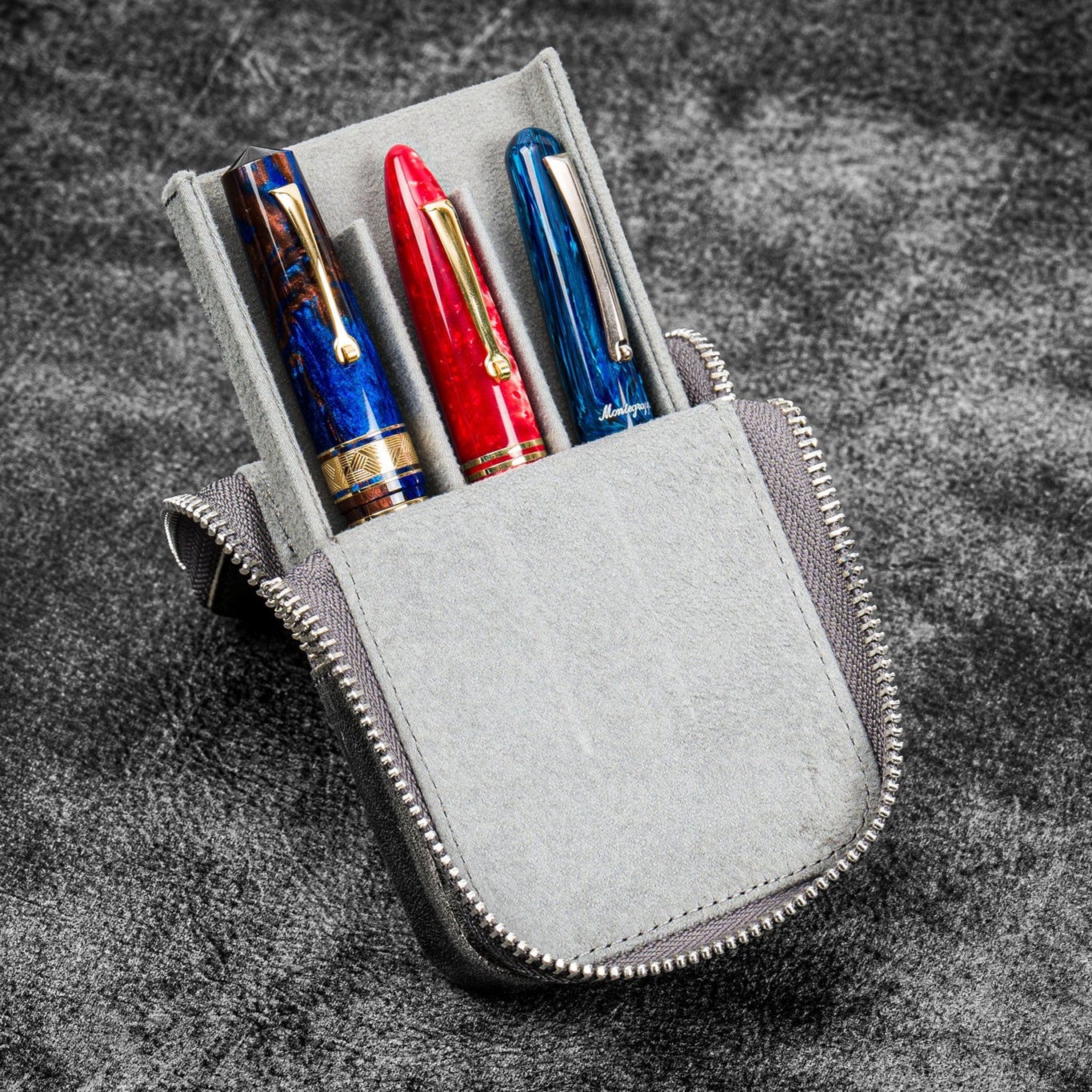 Galen Leather Magnum Opus Zippered 3 Slots Crazy Horse Smoky Hard Pen Case