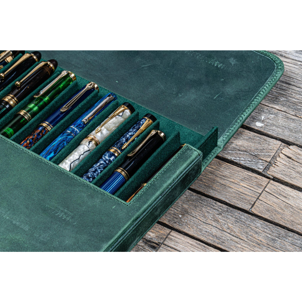 Galen Leather Magnum Opus 12 Slots Crazy Horse Forest Green Hard Pen Case