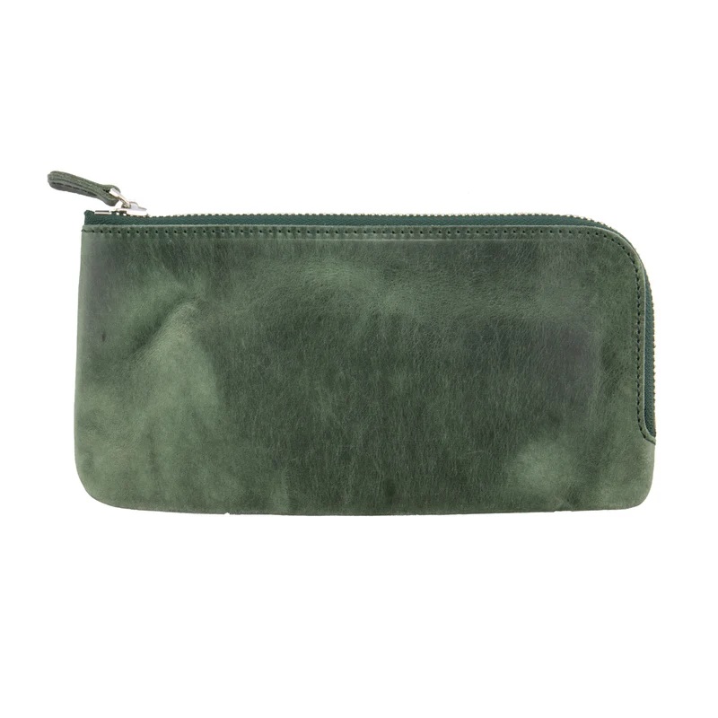 Galen Leather Slip-N-Zip 4 Slots Zippered Crazy Horse Fores Green Pen Pouch