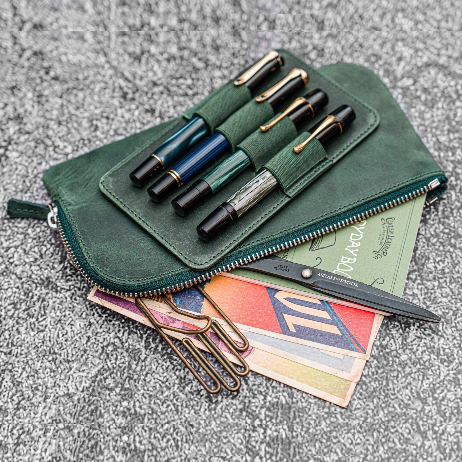 Galen Leather Slip-N-Zip 4 Slots Zippered Crazy Horse Fores Green Pen Pouch