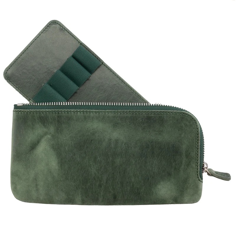 Galen Leather Slip-N-Zip 4 Slots Zippered Crazy Horse Fores Green Pen Pouch