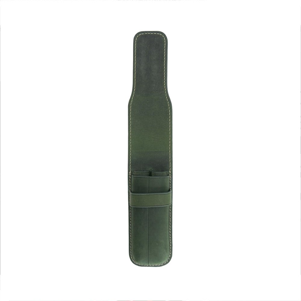 Galen Leather Crazy Horse Green Flap Pen Pouch (Double)