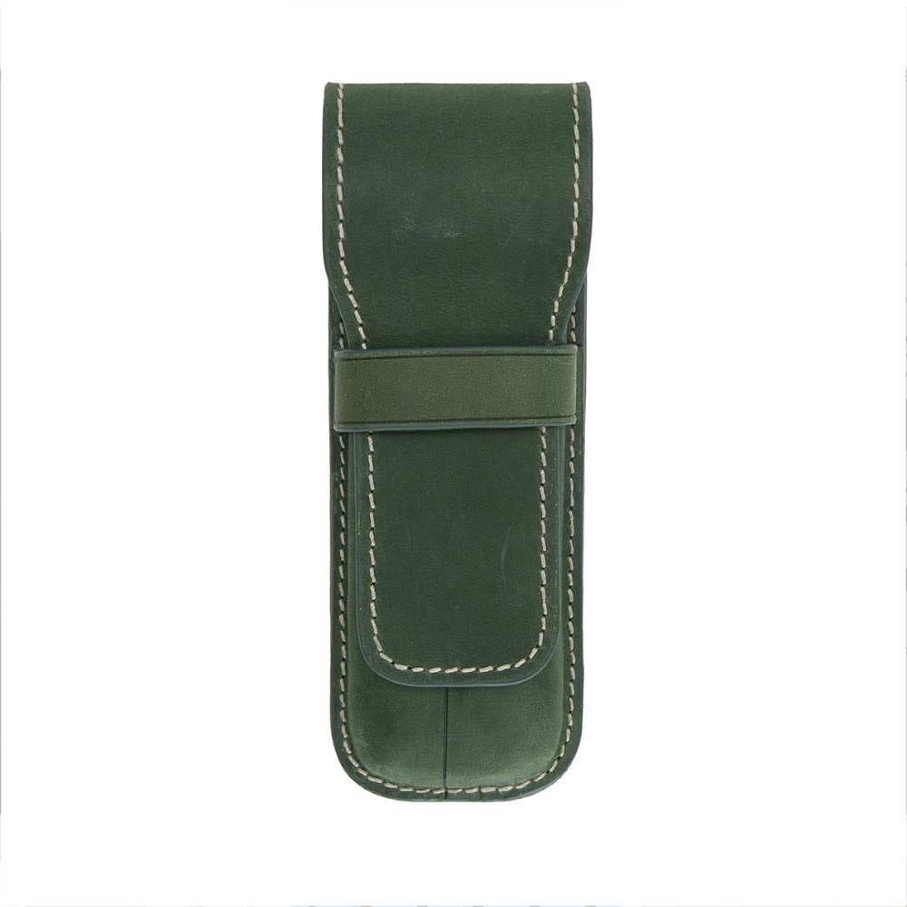 Galen Leather Crazy Horse Green Flap Pen Pouch (Double)