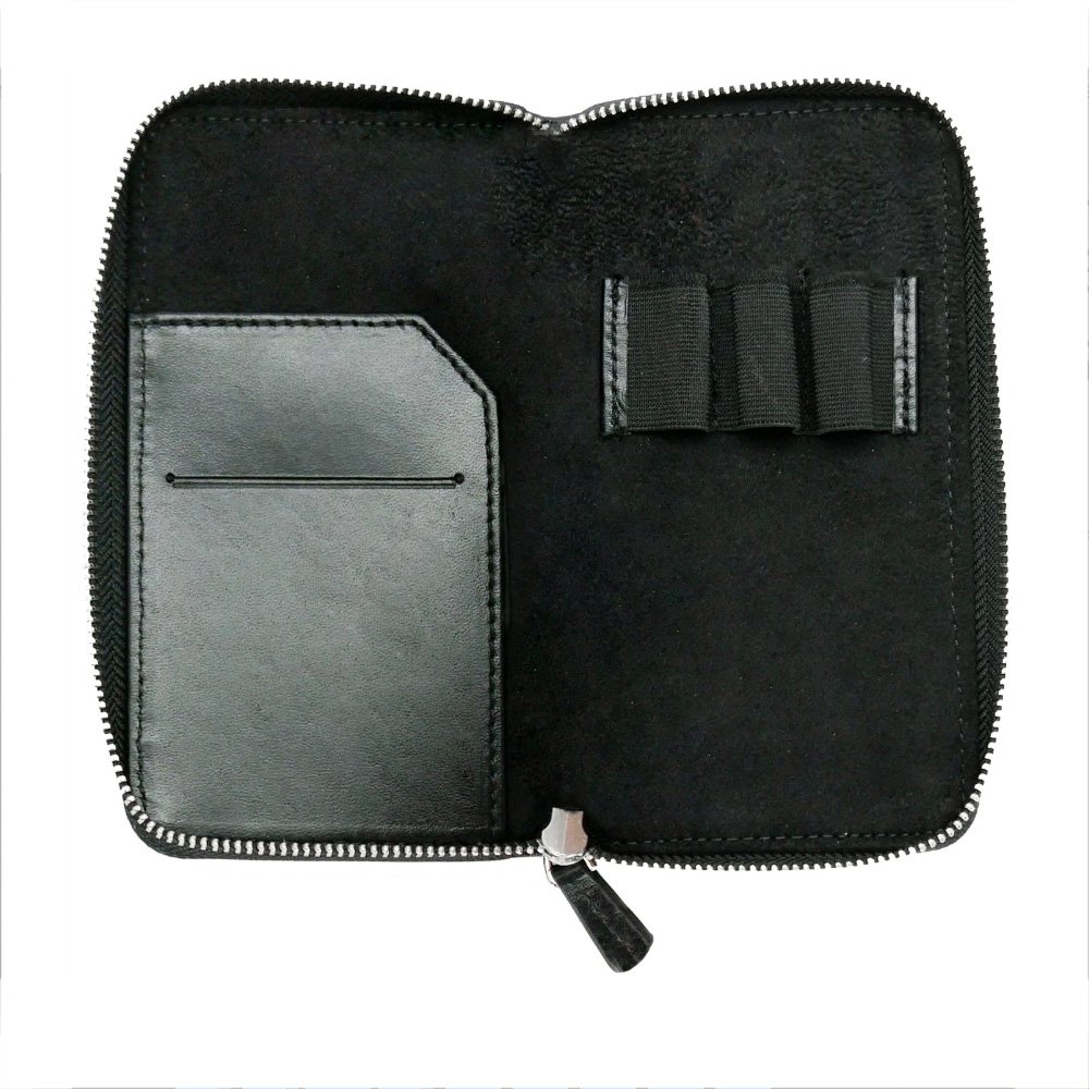 Galen Leather Black Zippered Pen Pouch (Triple)