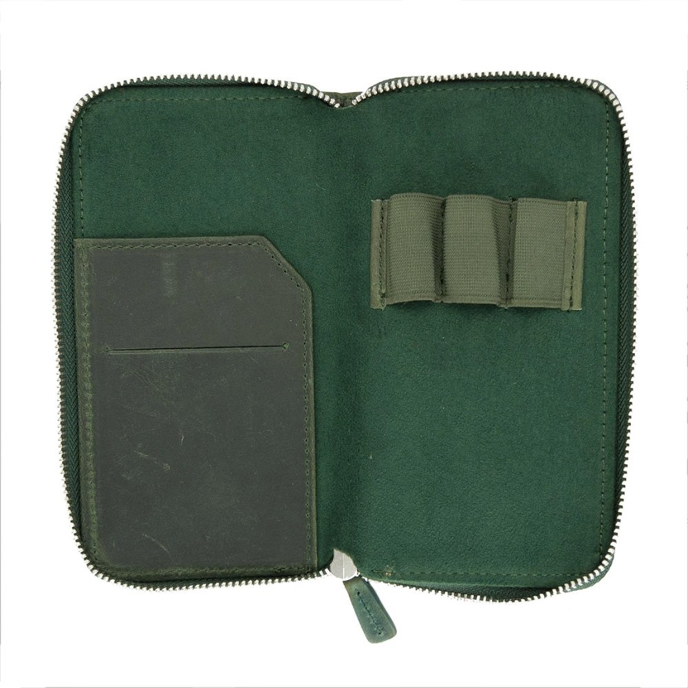 Galen Leather Crazy Horse Green Zippered Pen Pouch (Triple)