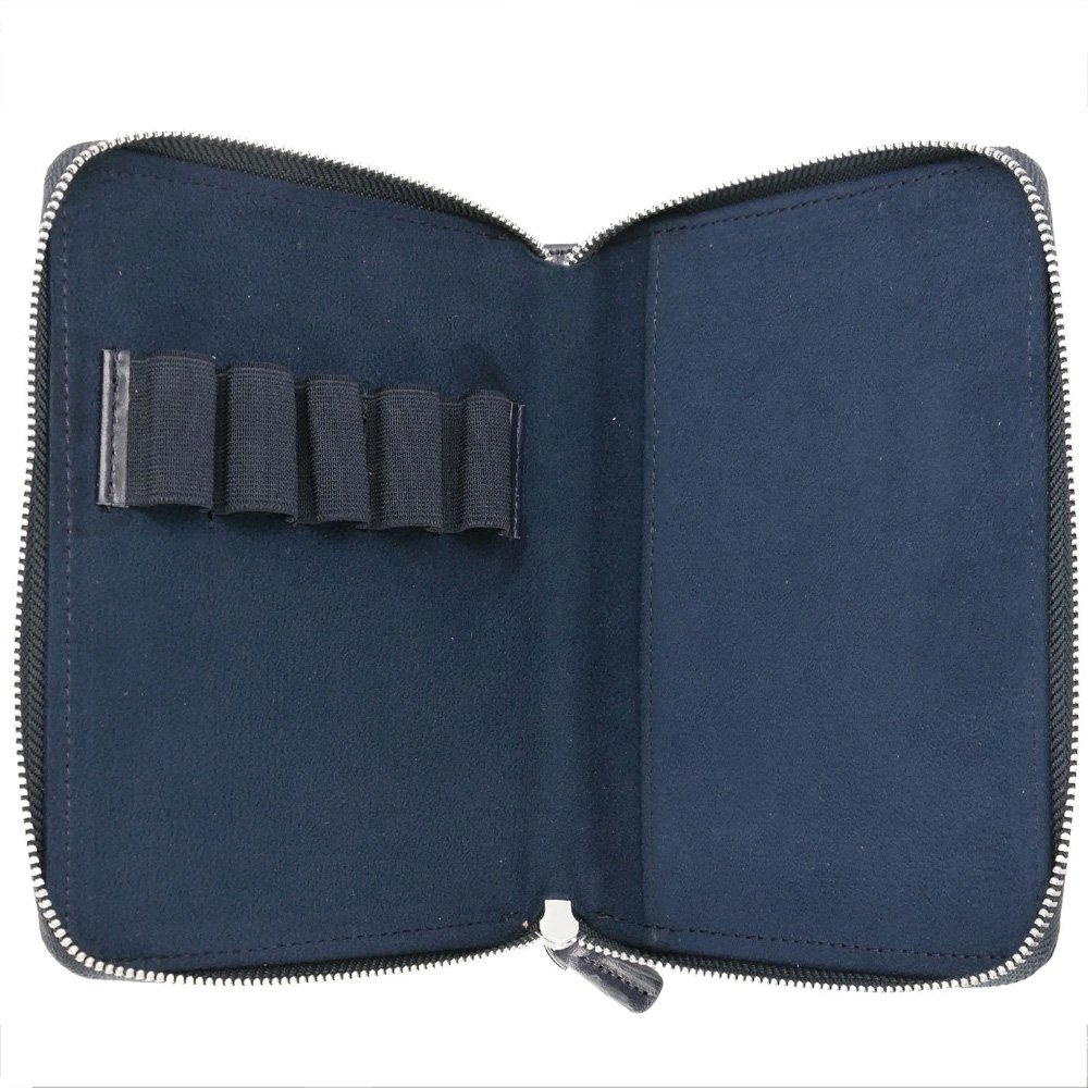 Galen Leather Crazy Horse Navy Blue Zippered Pen Pouch (Fivefold)