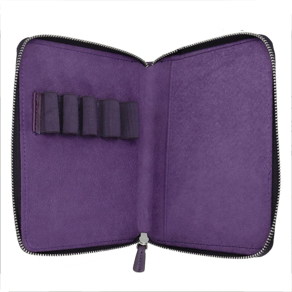 Galen Leather Purple Zippered Pen Pouch (Fivefold)