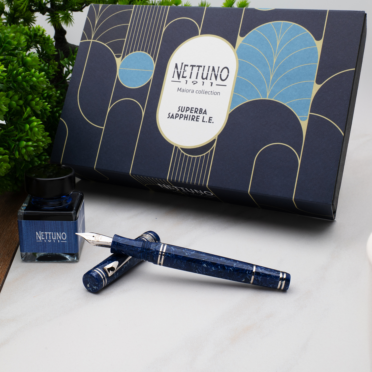 Nettuno 1911 Superba Sapphire Celluloid LE ST Caneta de Tinta Permanente
