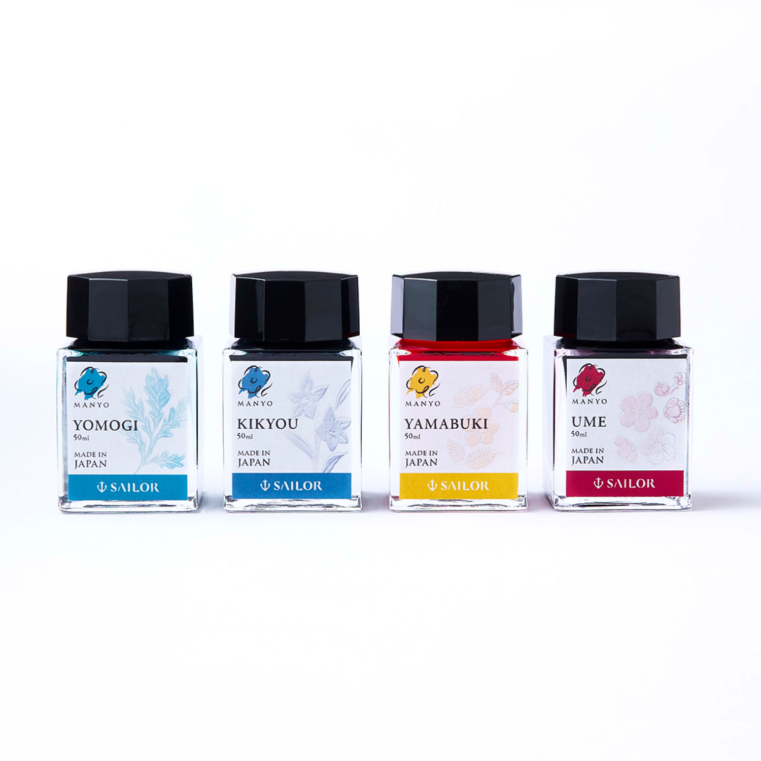Sailor Manyo Ink Set - Yomogi, Kikyou, Yamabuki, Ume - 4x 20ml Ink Bottles
