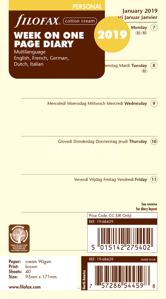 Filofax Refill 2026 Personal Cream - Week on 1 page
