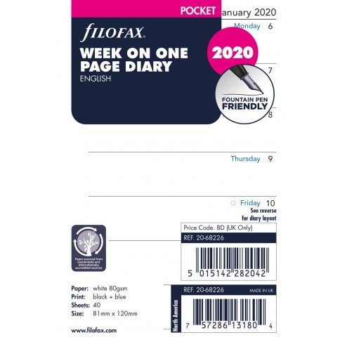 Recambio Filofax 2026 Pocket Blanco - Semana en 1 página